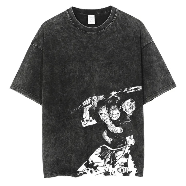 Men Streetwear Washed Acid Oversized T Shirt Japanese Anime Retro Worn Graphic Print T-Shirt Summer Cotton Short Sleeve Tees