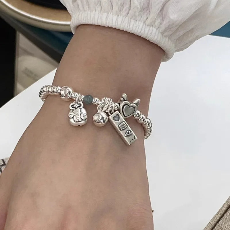 Pulsera de cuentas de corazón de amor de color plateado para mujer y niña, 2024, con articulaciones de bambú sencillas, joyería étnica con alas de la suerte, regalo