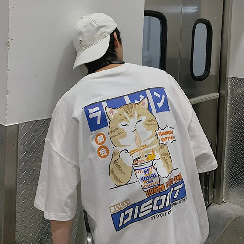 Camiseta informal de manga corta con estampado de dibujos animados para hombre, camiseta japonesa extragrande, ropa para hombre, cuello redondo, talla grande para mujer