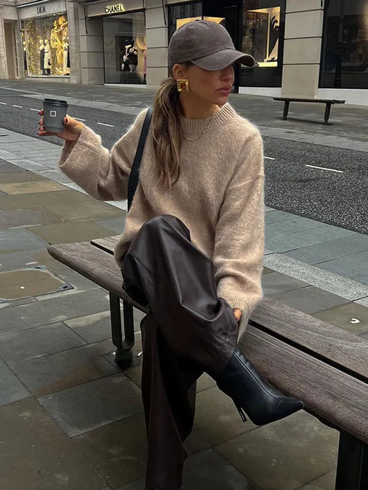 Soft Solid Mohair Knitted Pullover For Women Casual Loose O-neck Long Sleeve Sweater 2024 Autumn New Female High Street Knitwear