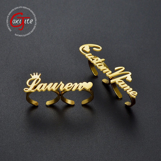 Goxijite Tendy Personalized Double Finger Open Back Ring Custom Crown Heart Name Rings For Women Stainless Steel Jewelry Gift