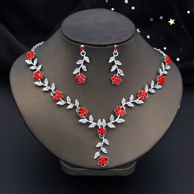 Rhinestones Flower Choker Necklace Earrings Set for women bridal Wedding Party Jewelry Set Fashion