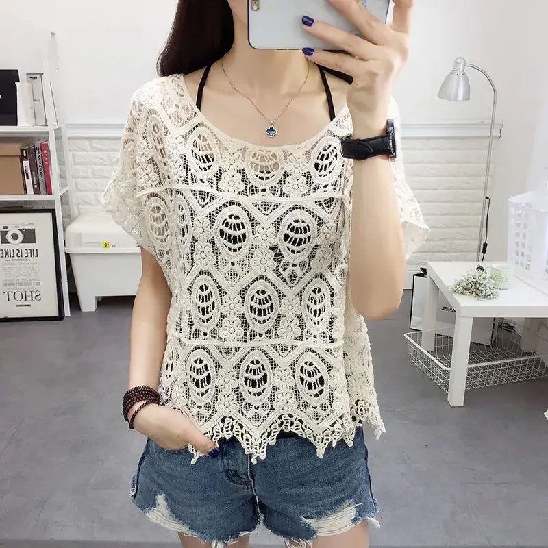 Summer New Crocheted Hollow Lace Shirt Women's Loose Short Short Sleeve T-shirt Top Bottoming Shirt Women's