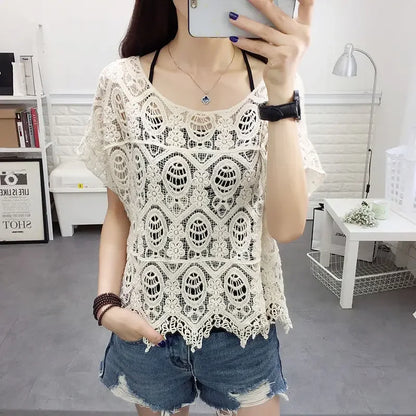 Summer New Crocheted Hollow Lace Shirt Women's Loose Short Short Sleeve T-shirt Top Bottoming Shirt Women's