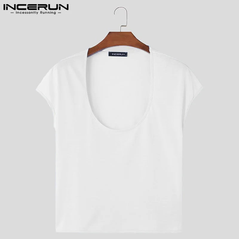 INCERUN Men Clothing Short Sleeve Summer Tops Tee Fashion Solid Color Men T-shirts Streetwear Casual T Shirt Oversize Top