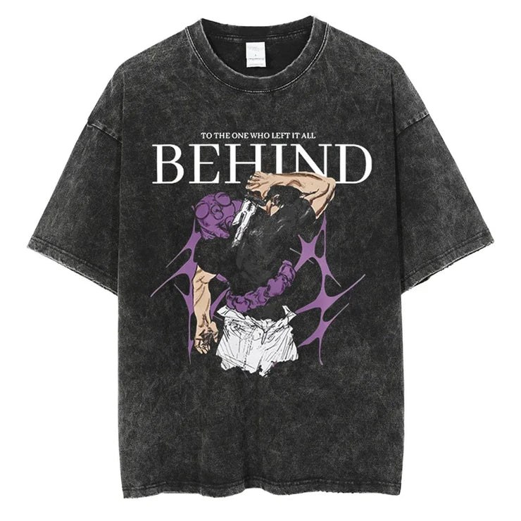 Men Streetwear Washed Acid Oversized T Shirt Japanese Anime Retro Worn Graphic Print T-Shirt Summer Cotton Short Sleeve Tees