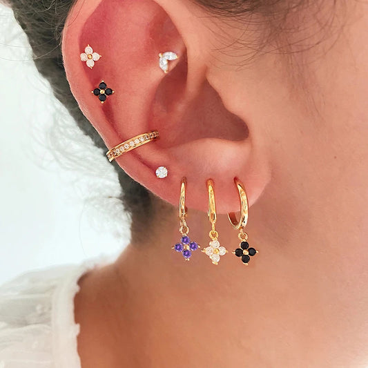 Pendientes de aro pequeños de acero inoxidable con forma de flor para mujer, aretes coreanos de circonita y cristal para cartílago, joyería para piercing, 2023