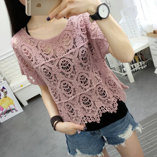 Summer New Crocheted Hollow Lace Shirt Women's Loose Short Short Sleeve T-shirt Top Bottoming Shirt Women's