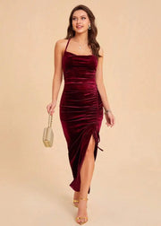 Sexy slim summer women's side slit drawstring velvet suspender dress party dress