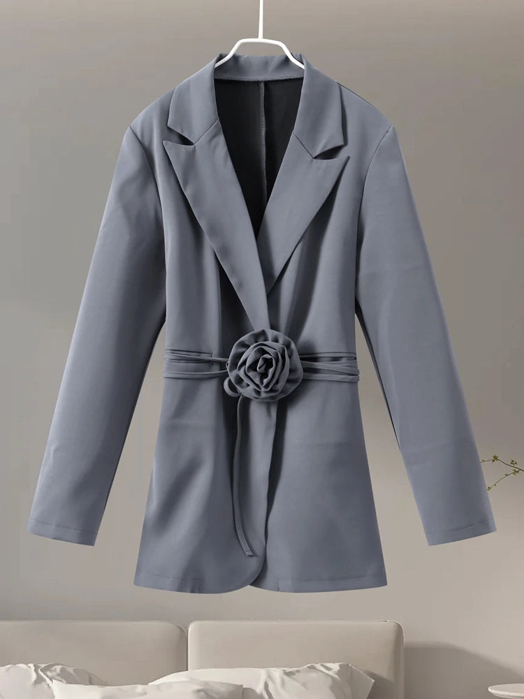 3D Flower Belts Blazer Coat Women Elegant Notched Double Breasted Long Sleeve Shoulder Pad Office Jacket Chic Gray Street Tops