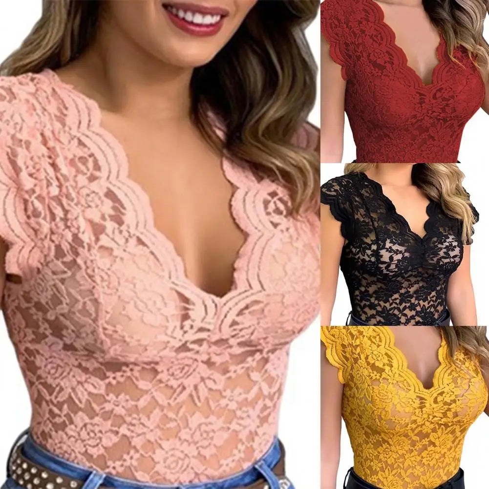 V-neck Sleeveless Tunic Top See-through Floral Lace Hollow Summer Blouse Streetwear