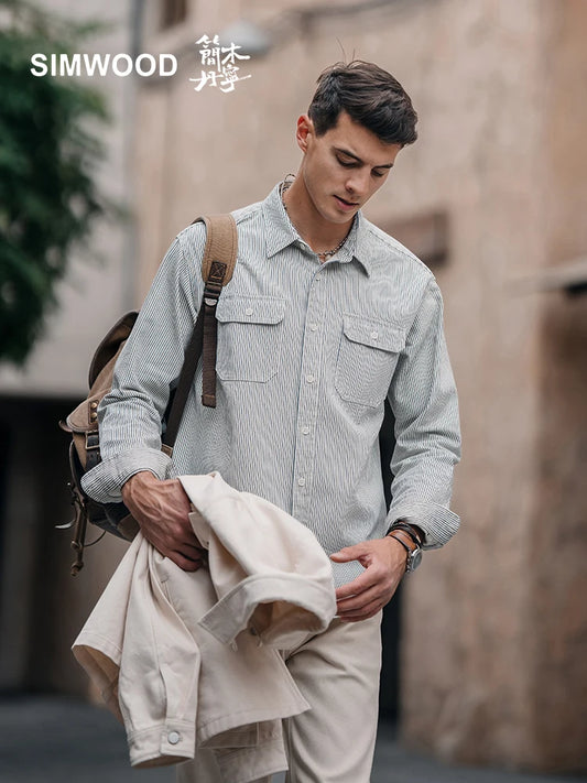 SIMWOOD High Standard 2025 Spring New Oversize 7oz Industrial Stripe Long Sleeve Work Shirts Men Chest Pocket Denim Shirt