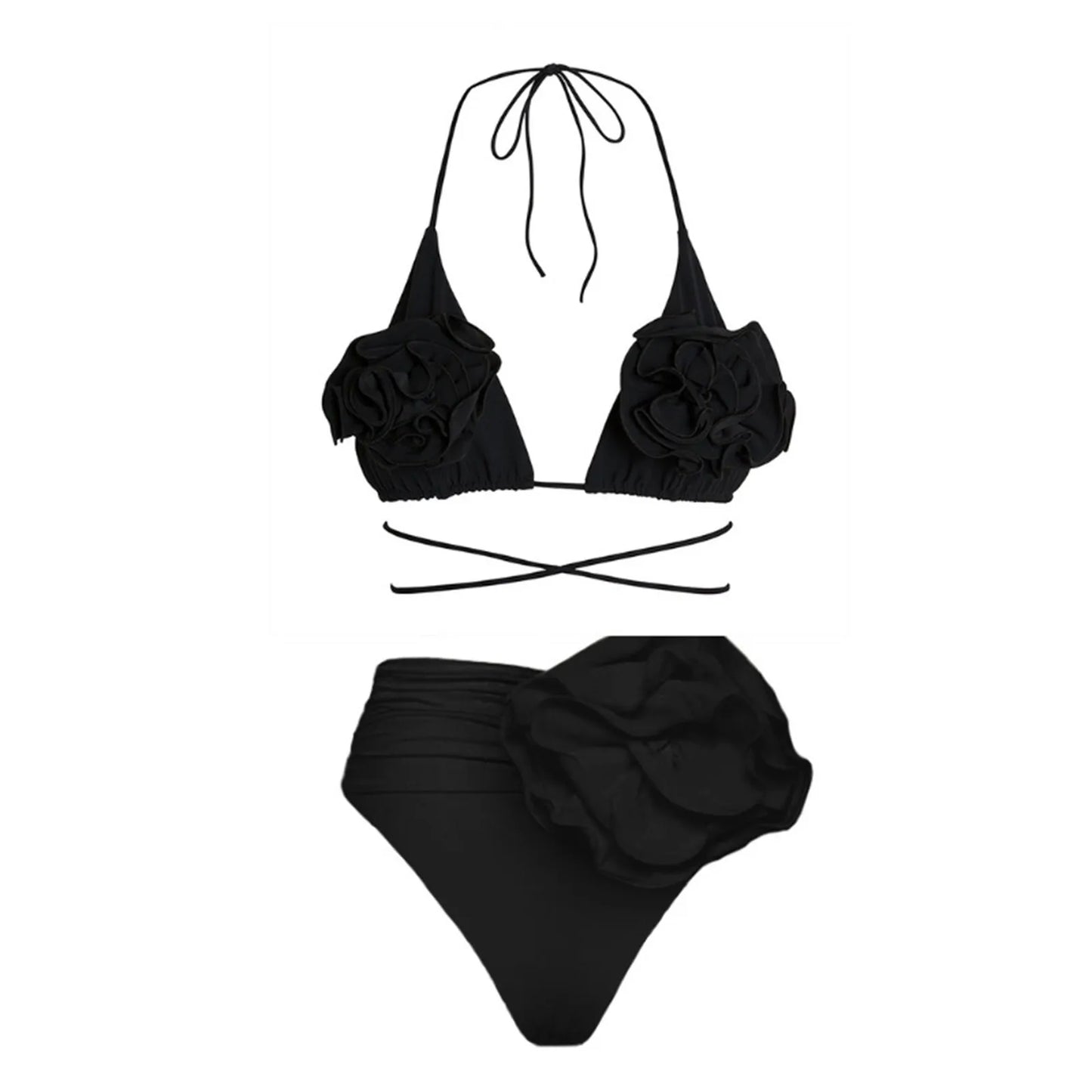 Women's Solid Color Bikini Set Hanging Neck Chest Flower Decoration Crisscross Bandage Swimwear Summer High Waist Bathing Suit