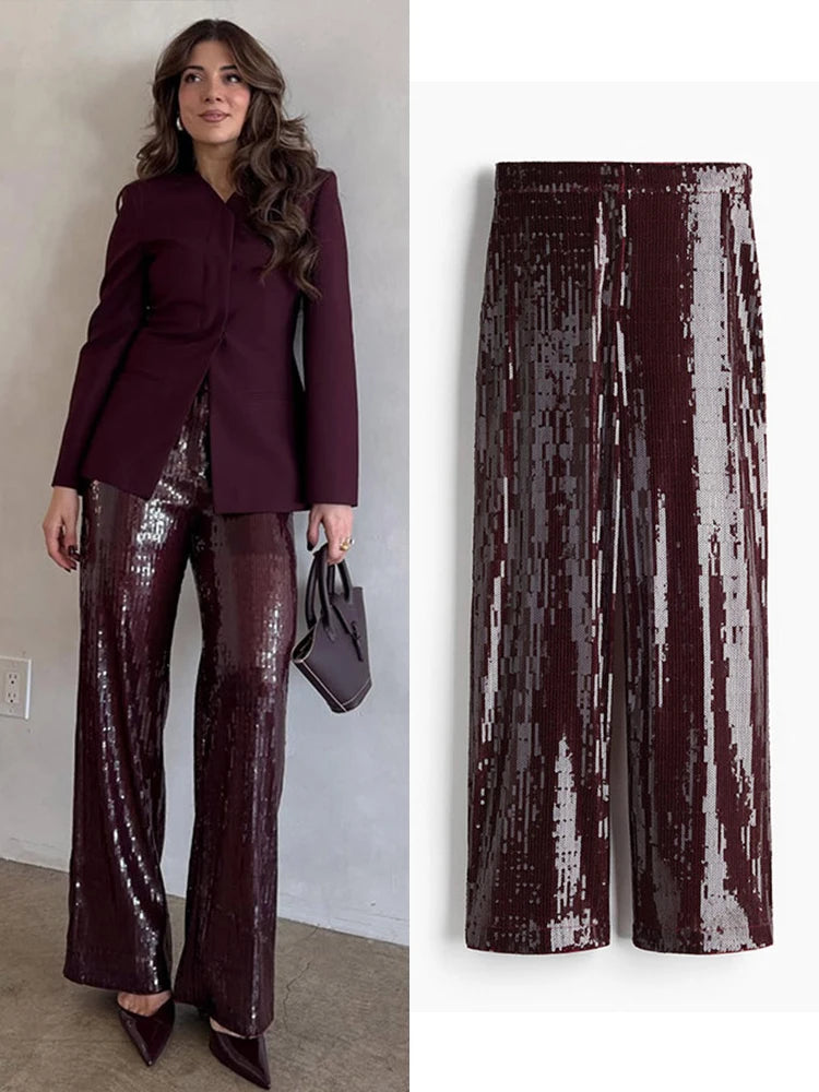 Street Sequin Pants Women Loose High Waist Wide Legs Shiny Trousers Female 2025 Spring Fashion Straight Chic Streetwears Lady
