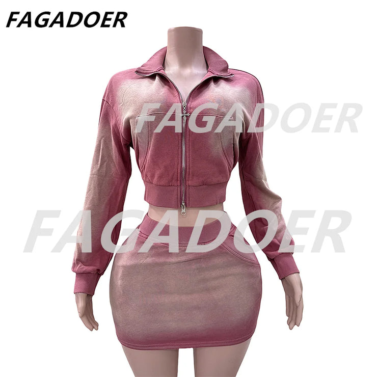 FAGADOER Tie Dye Retro Street 2pcs Sets Women Outfits Fashion Zip Pockets Crop Jacket And Mini Skirts Y2K Streetwear Suits New
