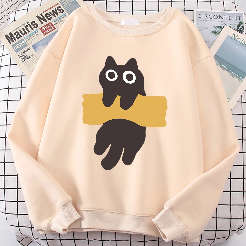 Fun Adhesive Tape Cat Cute Print Cartoons Hoody Men Women Hip Hop Hoodie Autumn New Hoodies O-Neck Loose Clothes Sweatshirts