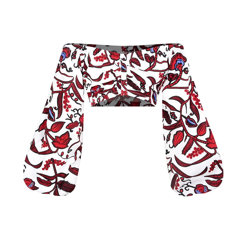 Conjunto de dos piezas con estampado étnico para mujer, top sexy de manga corta con cuello oblicuo y un hombro descubierto y falda larga de cintura alta.