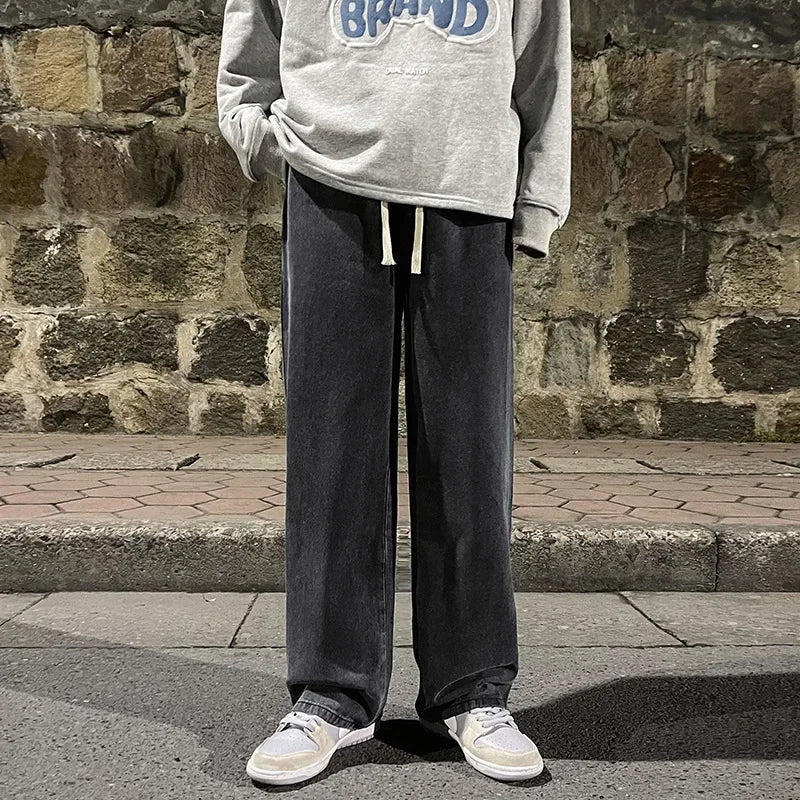 Get To School Men's Solid Color Drape Jeans Loose Straight Vintage High Street Hip-hop Y2K Casual Daily Dragging Wide-leg Pants
