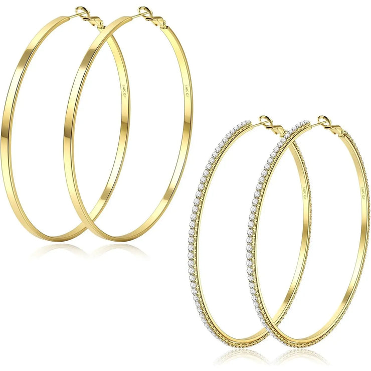 Fansilver S925 Silver Earrings 14K Gold Plated Large Hoop Earrings for Women Elegant Vintage Lightweight Thin Big Hoops Set