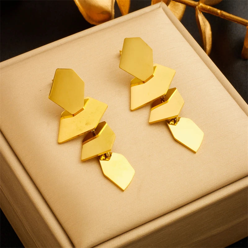 DIEYURO 316L Stainless Steel Gold Color Geometric Drop Earrings For Women Girl Fashion Waterproof Ear Jewelry Gift Party Wedding