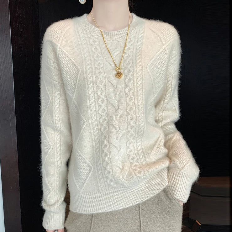 Enlarged And Thickened Merino Wool Sweater Women's Round Neck Autumn Winter New Long Sleeved New Cashmere Knit Pullover Top
