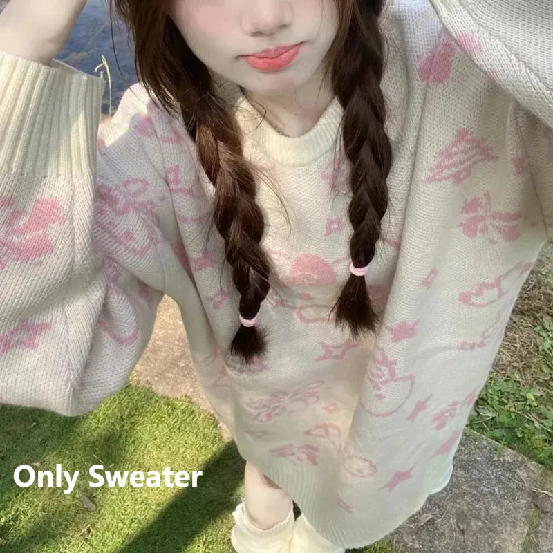 Suéter de punto navideño de Hello Kitty con bufanda para mujer, estilo Y2k, Sanrio, con dibujos animados, informal, holgado, de punto