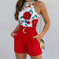 Floral Print Two-Piece Outfit - Sleeveless Halter Neck Top with Adjustable Tie, Belted High Waist Shorts with Pockets