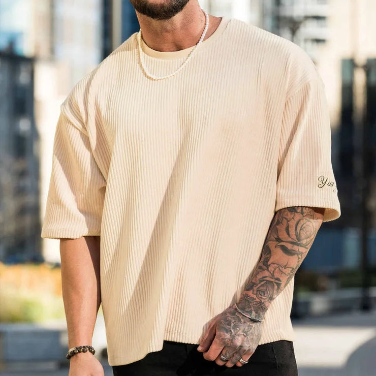New Fitness Sports Exercise Men's Corduroy Loose T-shirt Summer Crewneck Cotton Running Loose Short Sleeve