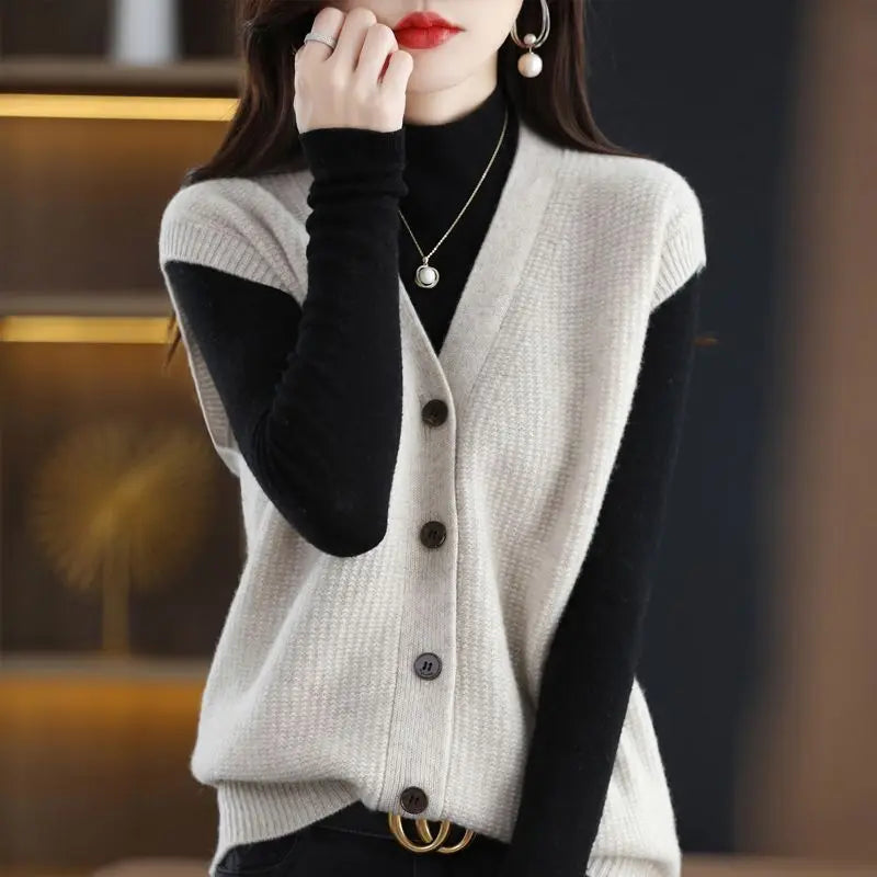 Autumn and Winter New V-neck Knitted Cardigan Tank Top Women's Korean Version Loose Versatile Casual Sleeveless Sweater