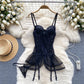 Spring Summer Sexy Lace Mesh Classical Metal Buckle With Hairball Jumpsuit Single-Breasted Eastern Style Stand Collar Bodysuit