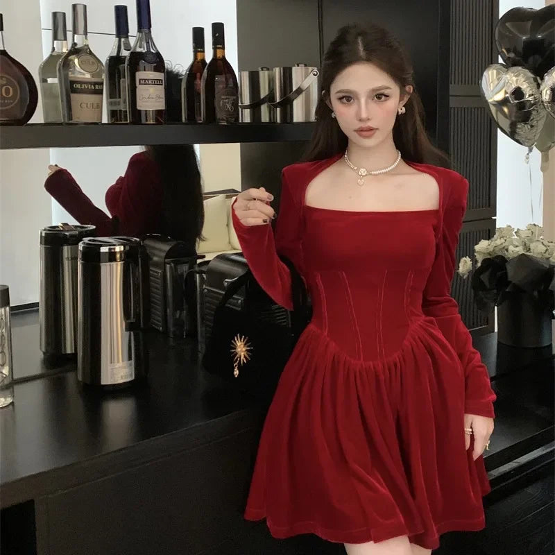 Autumn/winter Velvet Dress Red Engagement Birthday Party Mini Dress Christmas Square Collar Fishbone Puff Skirt For Women