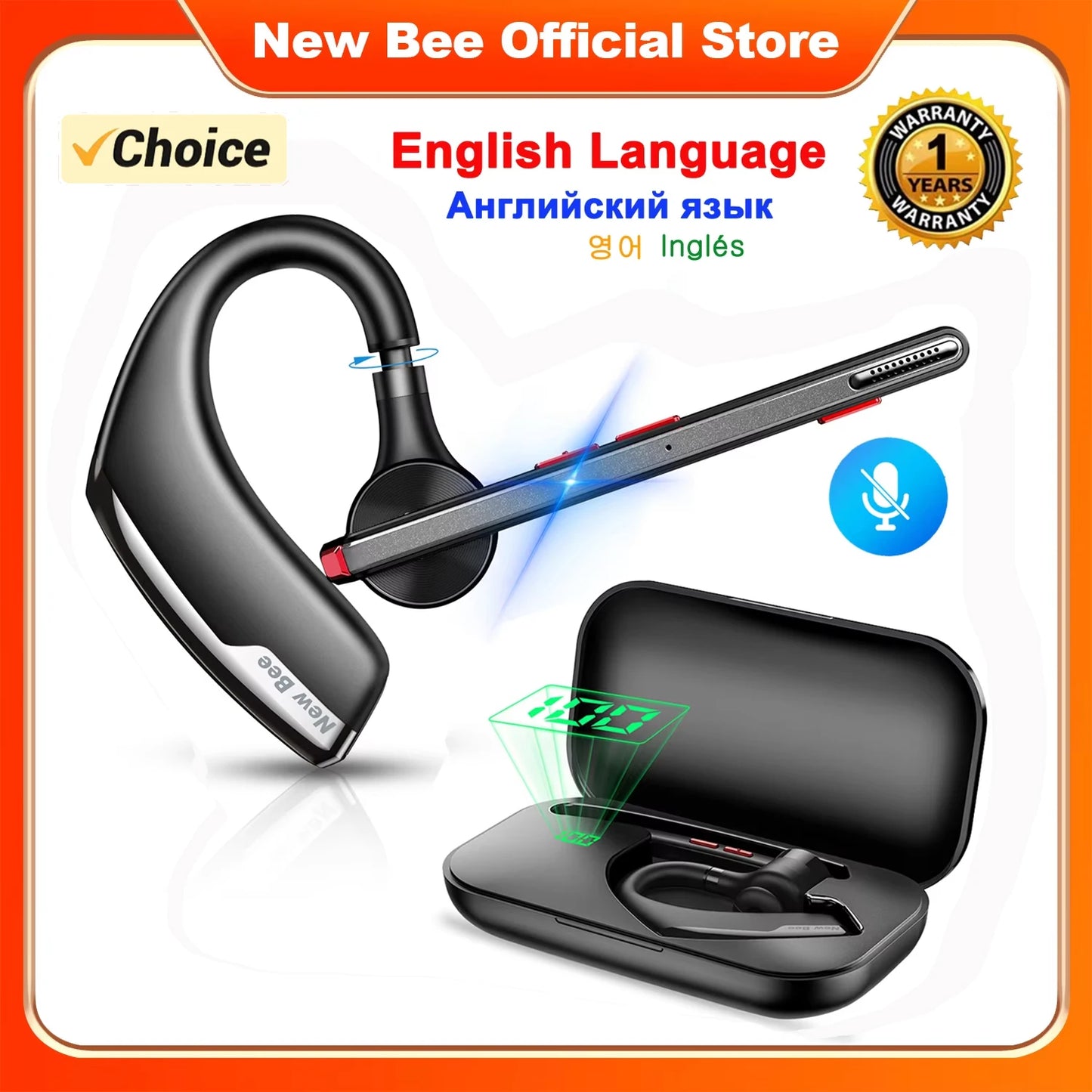 New Bee M51 Wireless Bluetooth 5.2 Headset with 500mAh Battery Dual-Mic CVC8.0 Noise Cancelling Business Driving Earbuds Mute