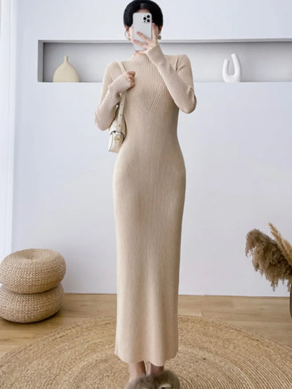 Elegant Slim Ribbed Knitted Dress Women Casual Long Sleeve Elastic Sweater Vestidos Autumn Winter Fashion Clothes Female Jumper