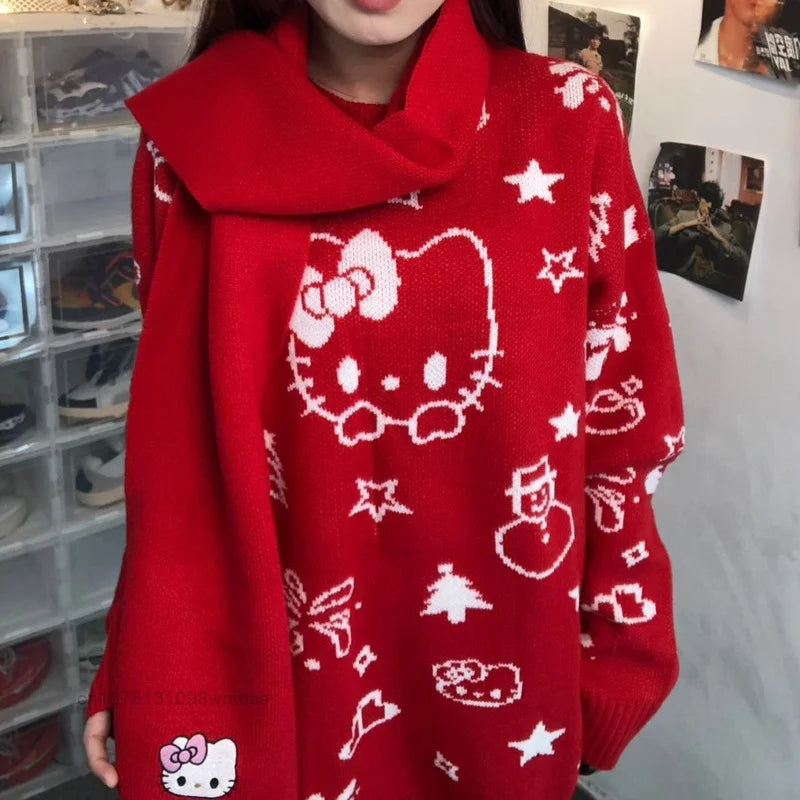 Suéter de punto navideño de Hello Kitty con bufanda para mujer, estilo Y2k, Sanrio, con dibujos animados, informal, holgado, de punto