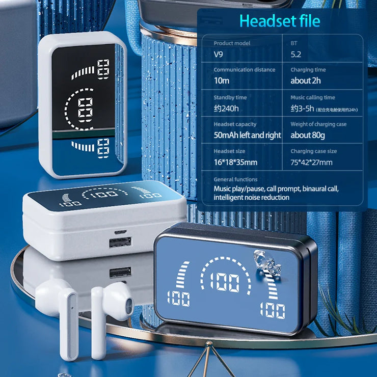 Bluetooth 5.2 Earphone Headphones Mirror Wireless Stereo Headset with Digital DisplayTouch Control Sports Earbuds for Gaming