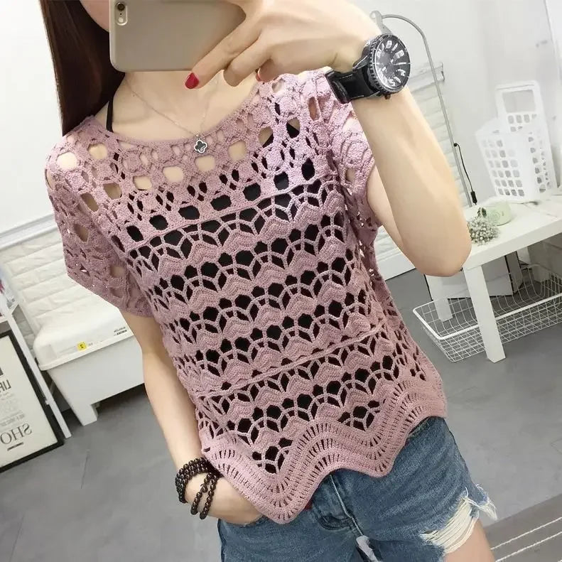 Summer New Crocheted Hollow Lace Shirt Women's Loose Short Short Sleeve T-shirt Top Bottoming Shirt Women's