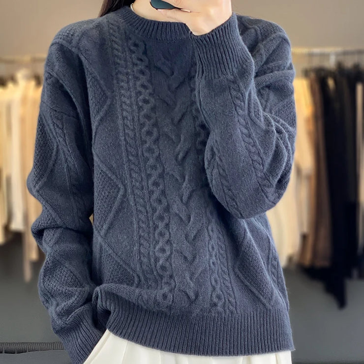 Enlarged And Thickened Merino Wool Sweater Women's Round Neck Autumn Winter New Long Sleeved New Cashmere Knit Pullover Top
