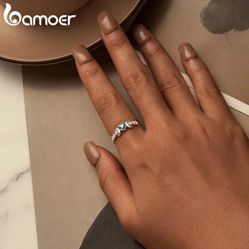 BAMOER White Gold Plated Moon Heart Ring, 925 Sterling Silver Vintage Fashion Rings for Women Girls BSR534