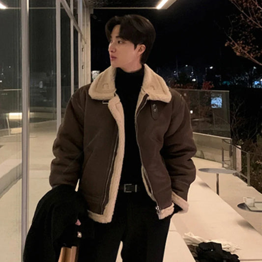 IEFB Men's Faux Fur Jackets Patchwork Lamb Wool Contrast Color Casual Tops Korean Style Loose Thickened Male Coats Winter 9C8360