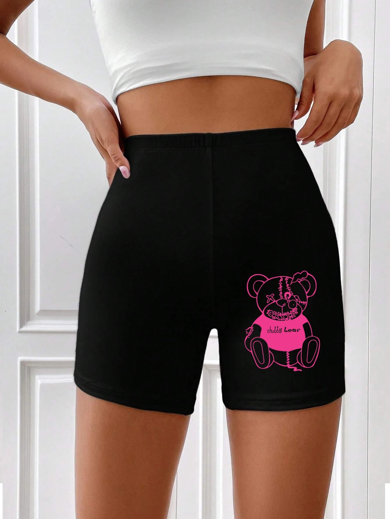 Cute Little Bear Printing Women Elastic Pants Hip Hop Breathable Shorts Street Summer Tight Pants Casual Oversize Sports Pants