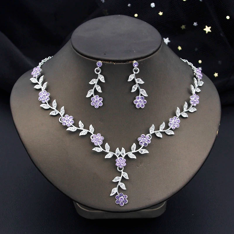 Rhinestones Flower Choker Necklace Earrings Set for women bridal Wedding Party Jewelry Set Fashion