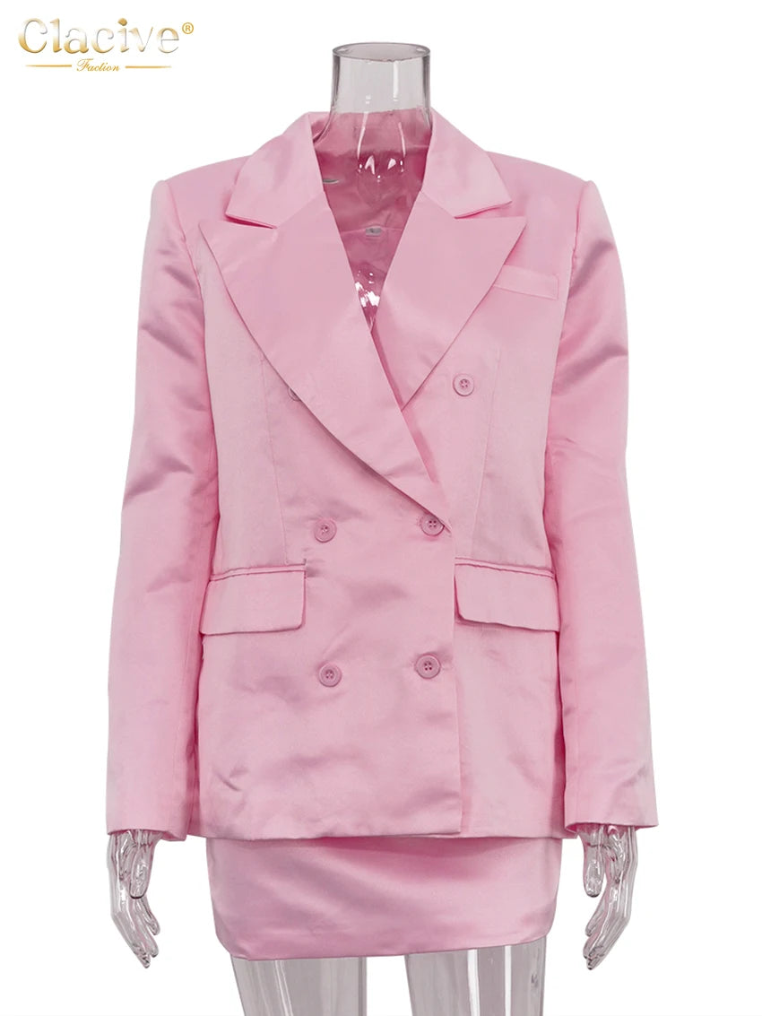 Clacive Fashion Loose Pink Satin 2 Piece Sets Women Outfit 2024 Elegant Long Sleeve Blazer With Mid Waist Mini Skirts Set Female