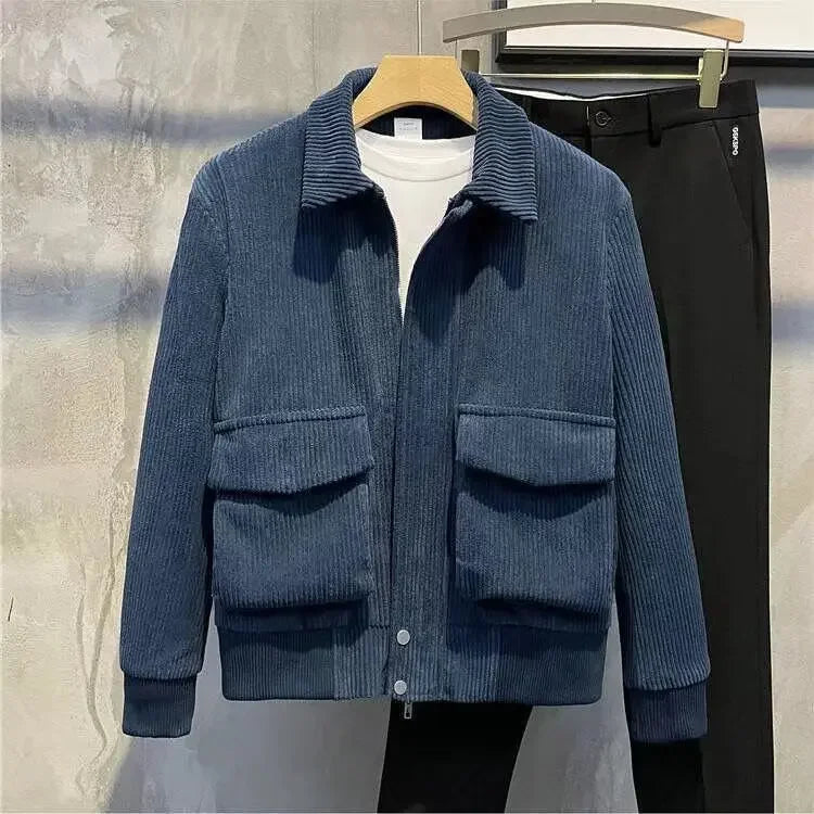 Men's Solid Color Warm Lapel Corduroy Cropped Top Casual Trendy Jacket Korean Style Loose Fit Large Pocket