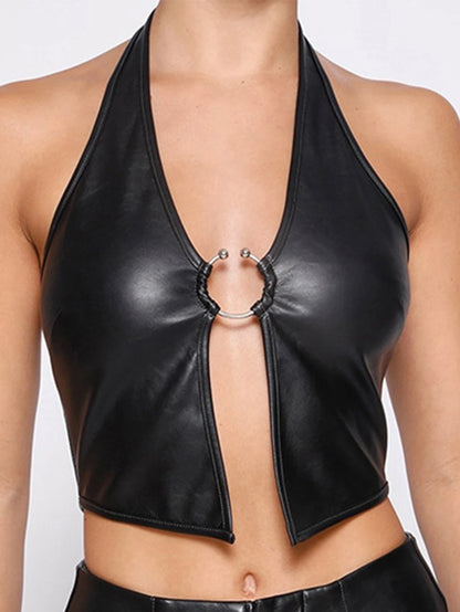 Sexy halter black leather corset Crop Top Women summer rave club Party Tank Top y2k streetwear PU womens Tops gothic clothes hot