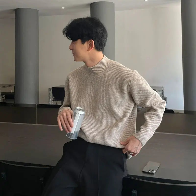 Autumn Winter Fashion Half High Collar Long Sleeve Solid Pullovers Men's Clothing Korean Bottoming Shirt All-match Knitting Tops