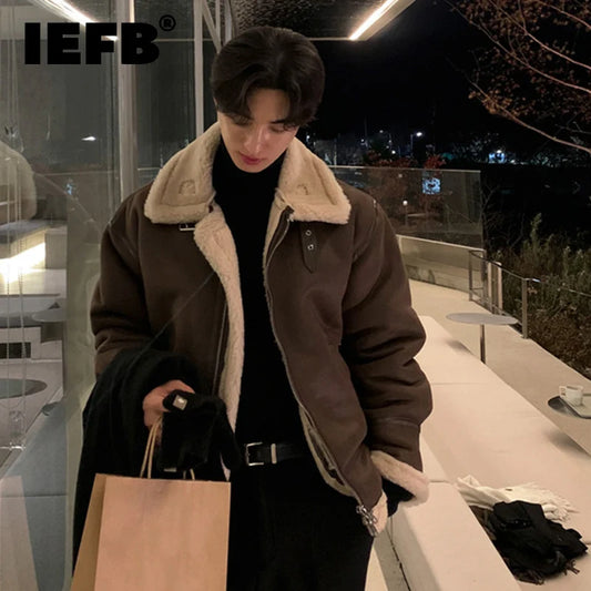 IEFB Men's Faux Fur Jackets Patchwork Lamb Wool Contrast Color Casual Tops Korean Style Loose Thickened Male Coats Winter 9C8360