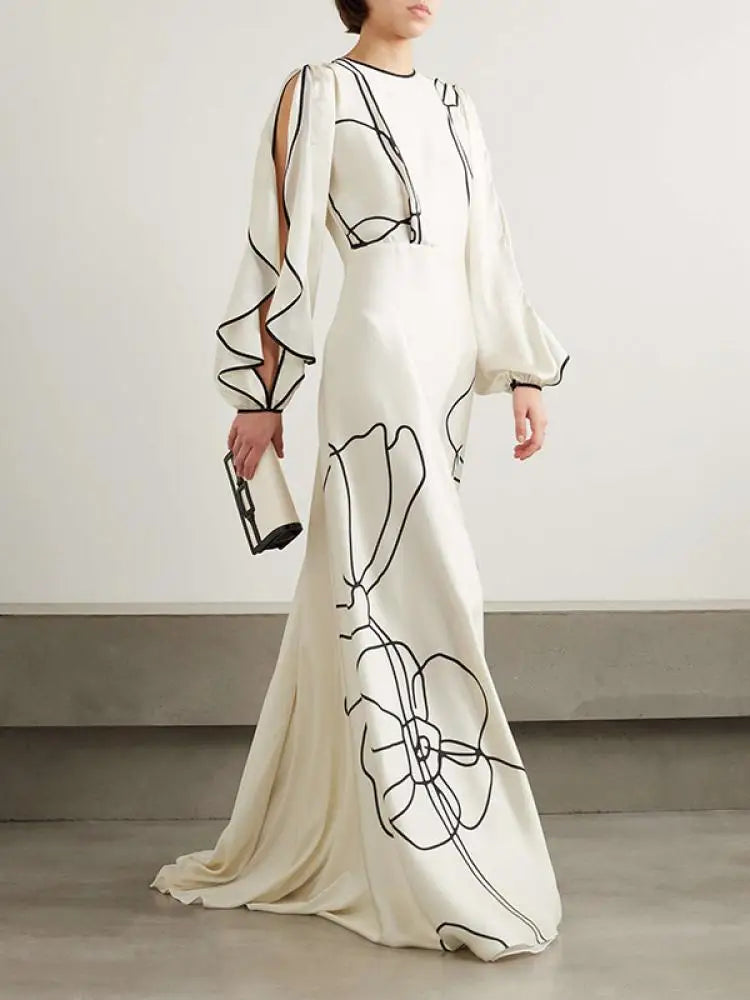Vestido largo Missuoo con estampado floral blanco para mujer, cuello redondo, mangas largas, cintura alta, plisado, elegante vestido de noche para mujer