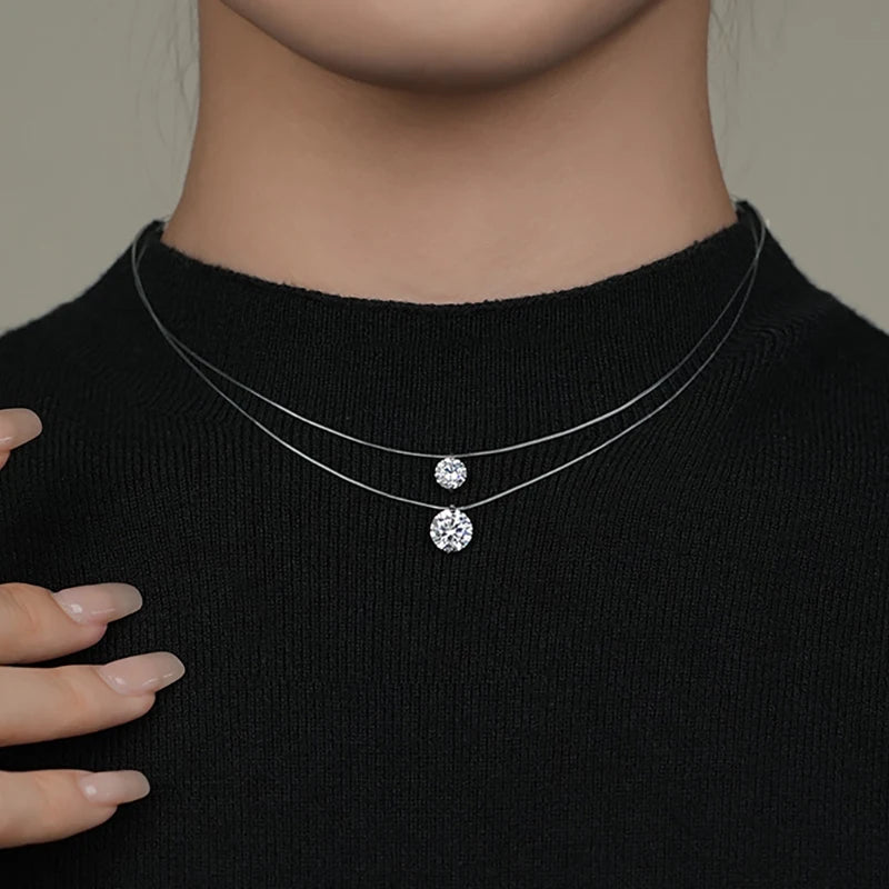 2025 New 2CT 8MM Round Moissanite Pendant Necklace Silver 925 Invisible Fishing Line Chain Necklaces for Women 0.5CT 1CT Diamond