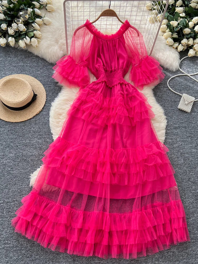 SINGREINY Elegante Vestido de Malla con Mangas Acampanadas y Hombros Descubiertos, Fruncido, Sólido, para Mujer, Otoño, Vestidos de Fiesta de Lujo para Personas Mayores