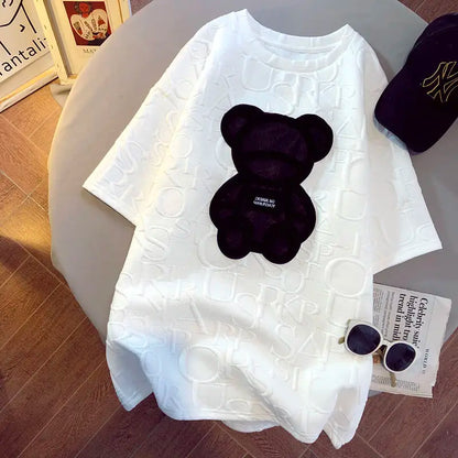 Women Summer Short Sleeve T Shirts Casual Cartoon Bear Loose T-shirts O-neck Basic Crop Tops High Streetwear New Fashion Tees